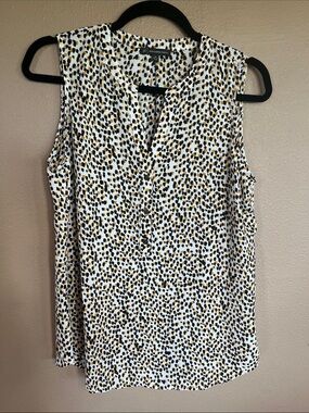 Adrianna Papell White Sleeveless Blouse with Black & Mustard Spot Print